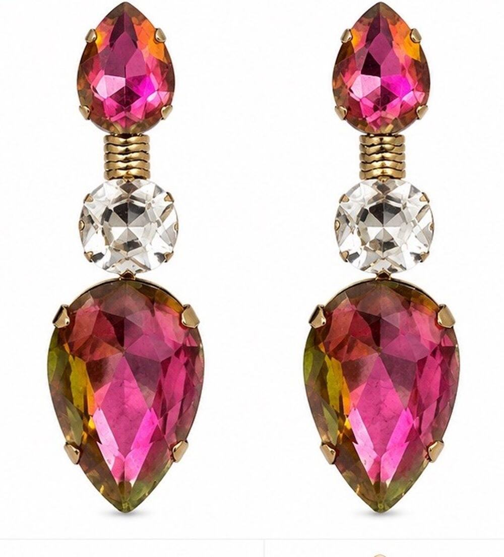 VINTAGE HENRI BENDEL PINK CRYSTAL DROP DANGLE STATEMENT EARRINGS GOLD TONE